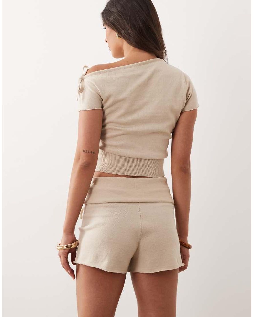 The Frolic Natural Exclusive Compact Knit Fold Over Tie Detail Shorts Co-ord