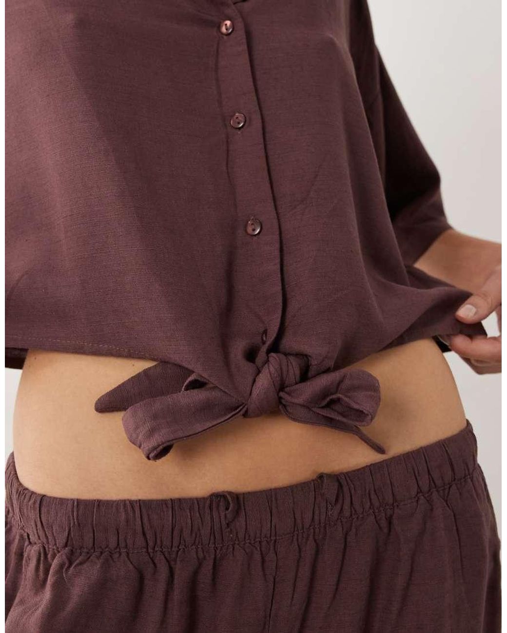 Jdy Brown Tie Front Linen Mix Shirt Co-ord
