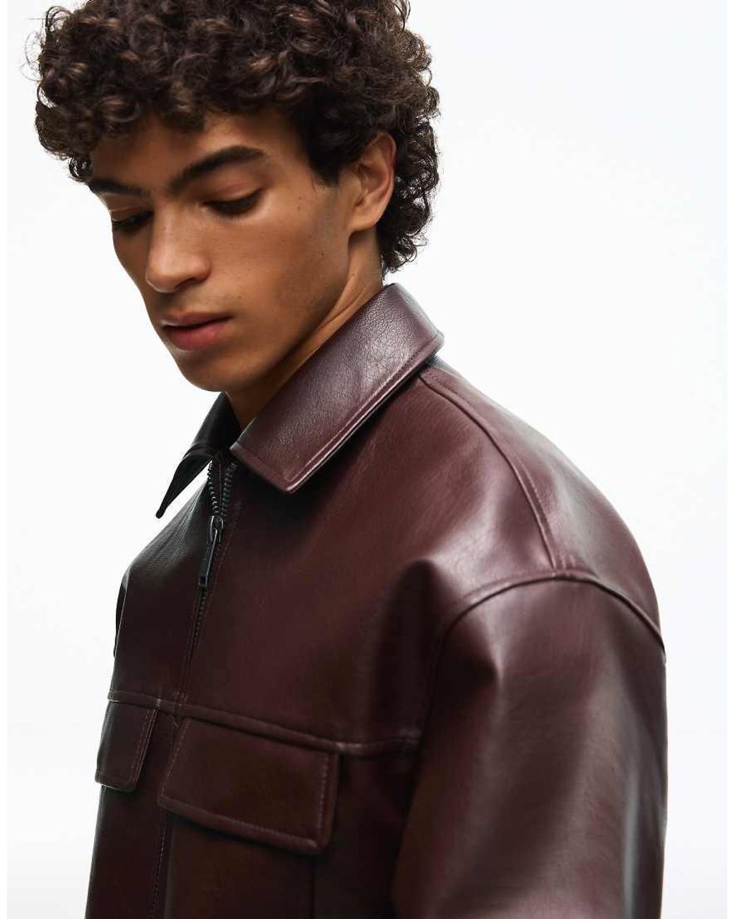 Bershka Brown Boxy Leather Effect Jacket for men