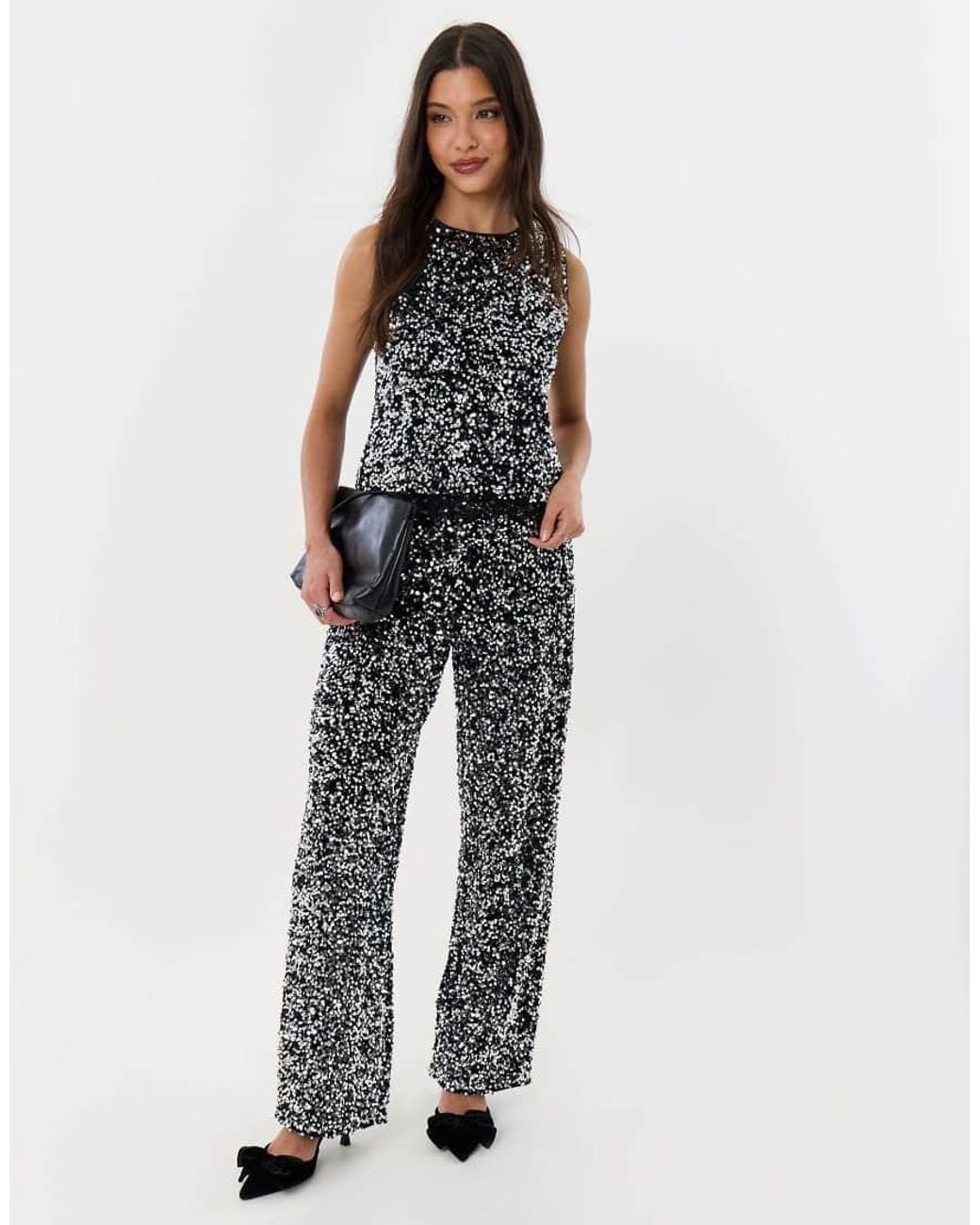 Threadbare Black Sequin Shell Top With Lace Trim