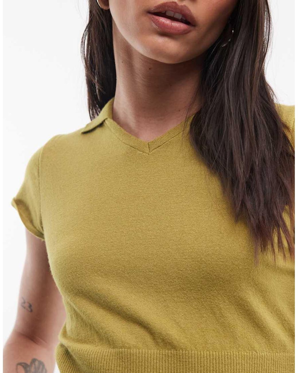Reclaimed Vintage Green Knitted Short Sleeve Fitted Top With Polo Collar Detail