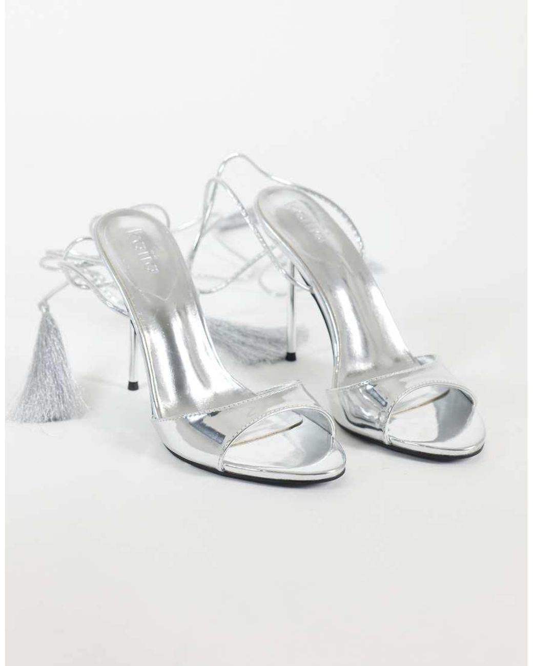Kaiia White Exclusive Metallic Lace Up Fringe Detail Heels