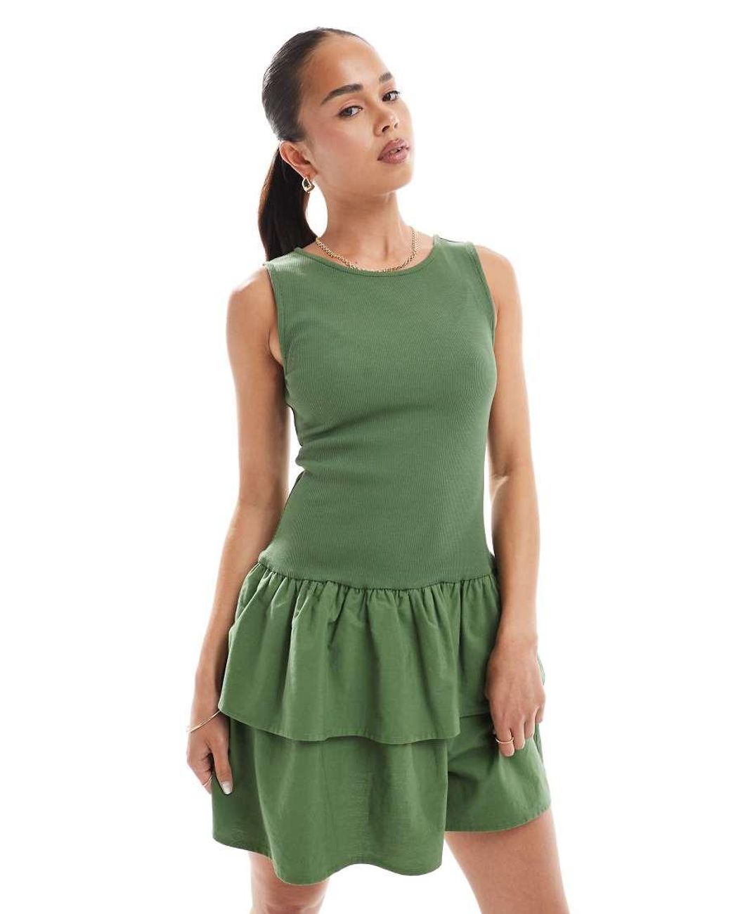 New Look Green Jersey Ribbed Tiered Skirt Mini Dress