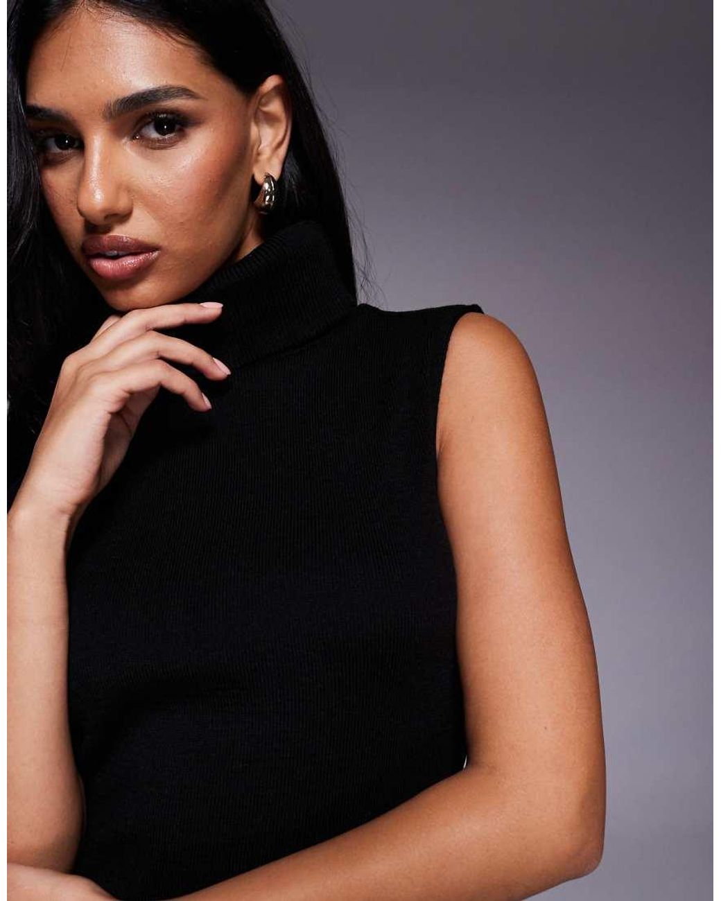 Kaiia Black Exclusive Ribbed Knit High Neck Sleeveless Maxi Dress
