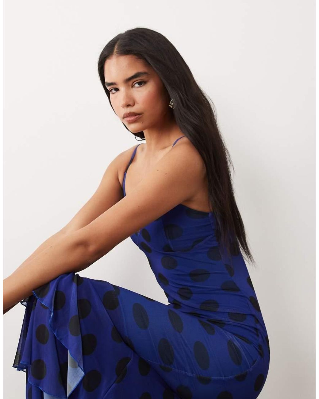 Kaiia Blue Exclusive Slinky Mesh Strappy Tiered Ruffle Hem Maxi Dress