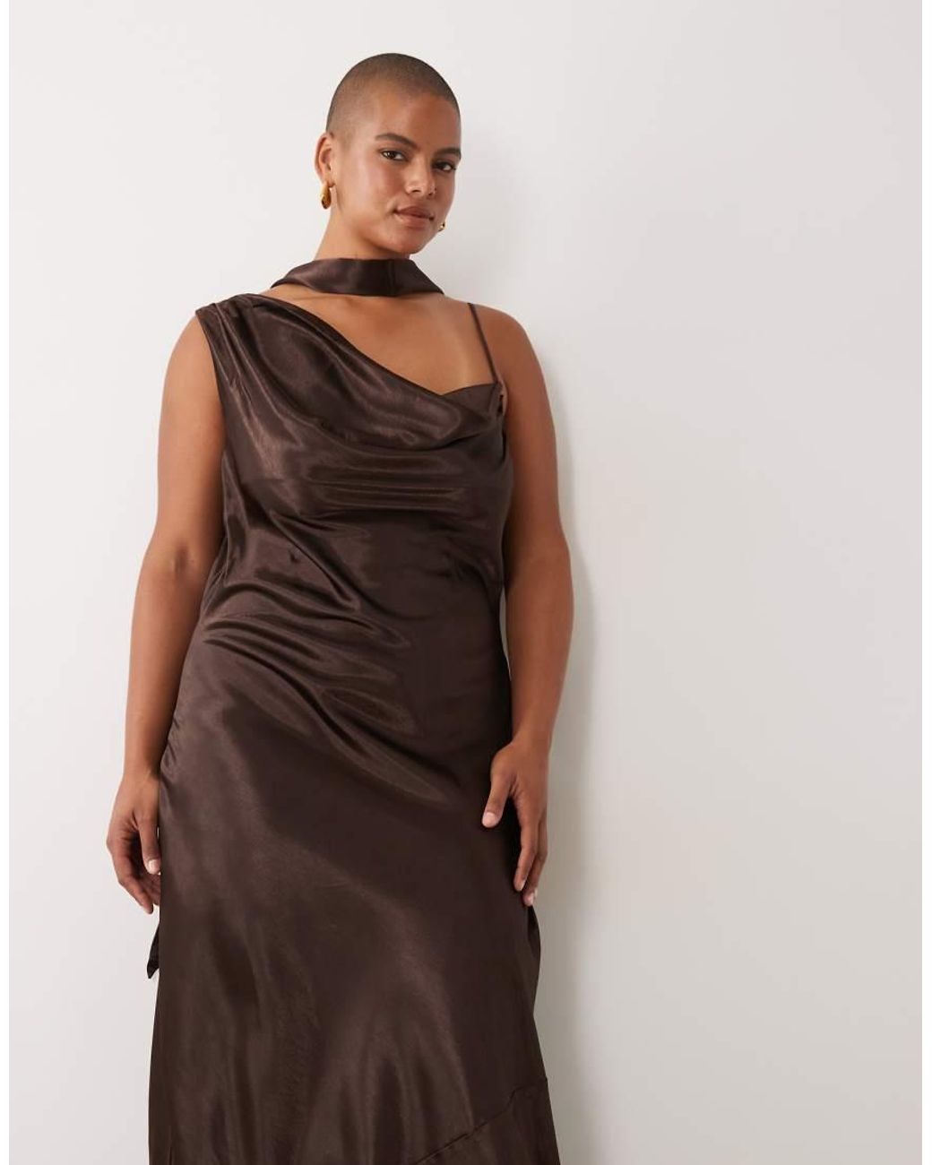 Tfnc Plus Brown One Shoulder Satin Cowl Detail Maxi Dress