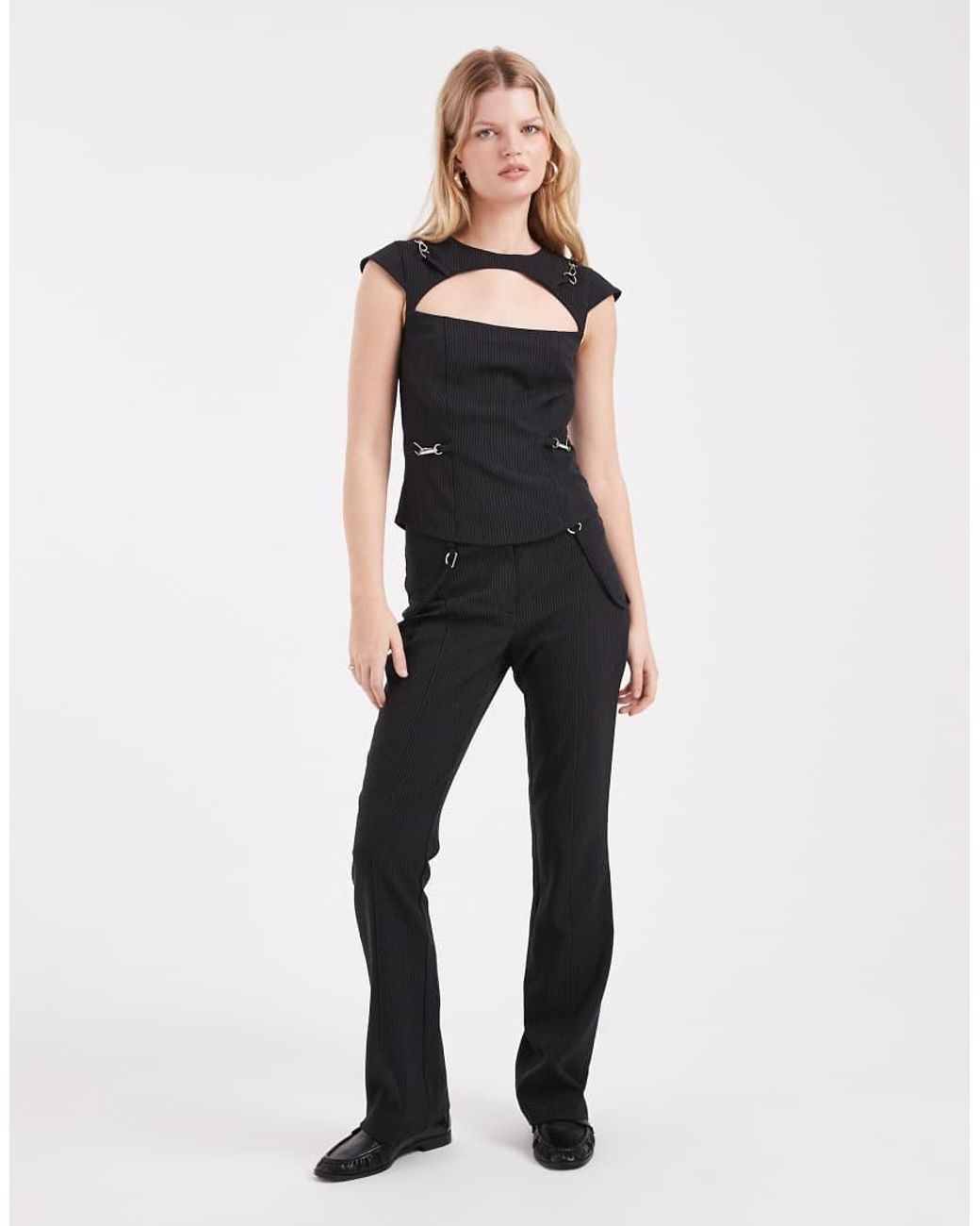 Collusion Black Tailored Pinstriped Buckle Top