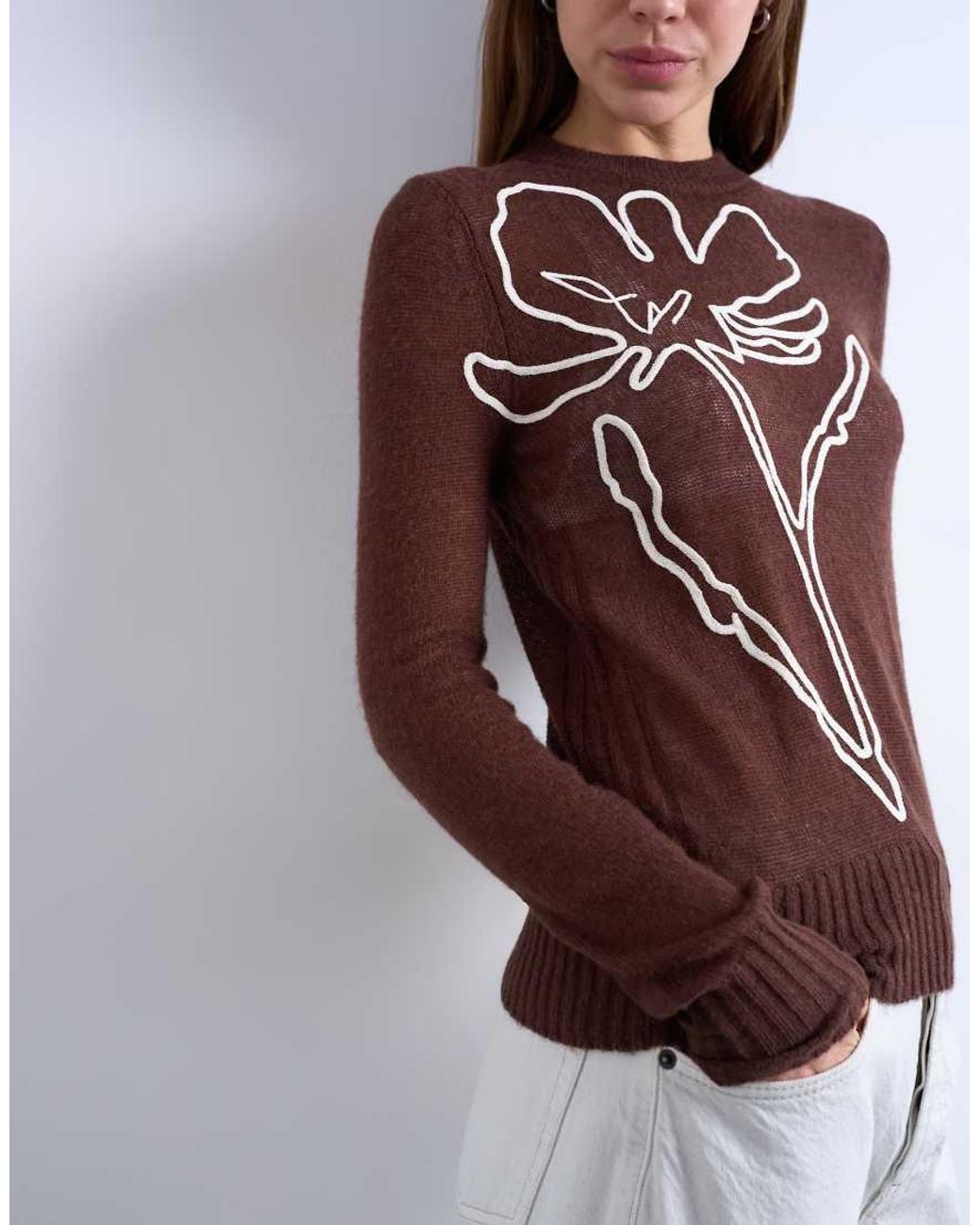 TOPSHOP White Knitted Sheer Embroidered Floral Top