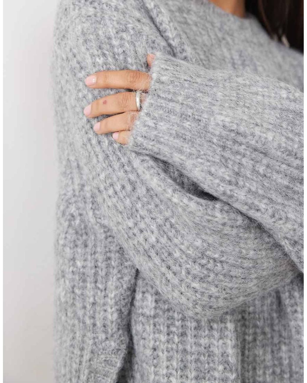 ASOS Gray Rib Longline Sweater With Side Split With Wool