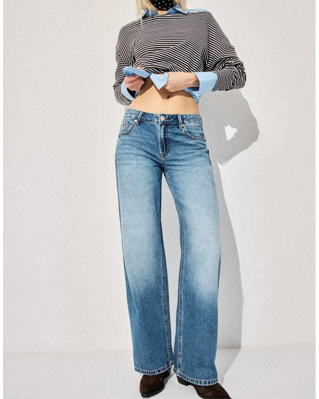 Stradivarius Blue Tall D91 Low-Rise Wide-Leg Jeans
