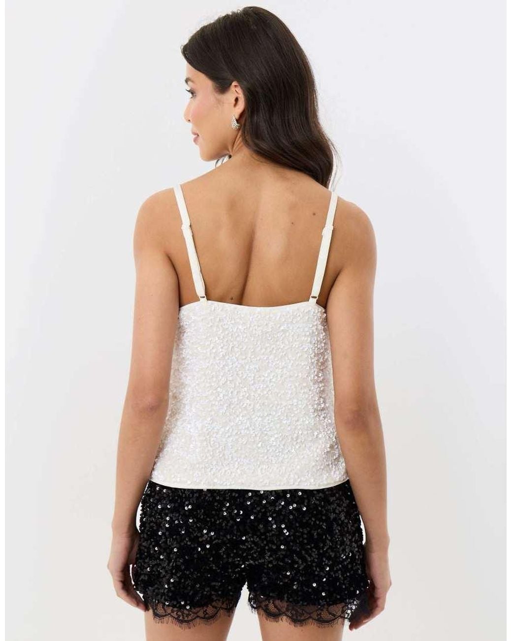 Threadbare White Sequin Cami With Lace Trim