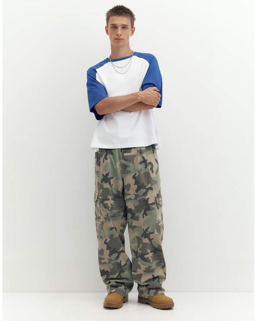 Pull&Bear Gray Camo Print Cargo Trousers for men