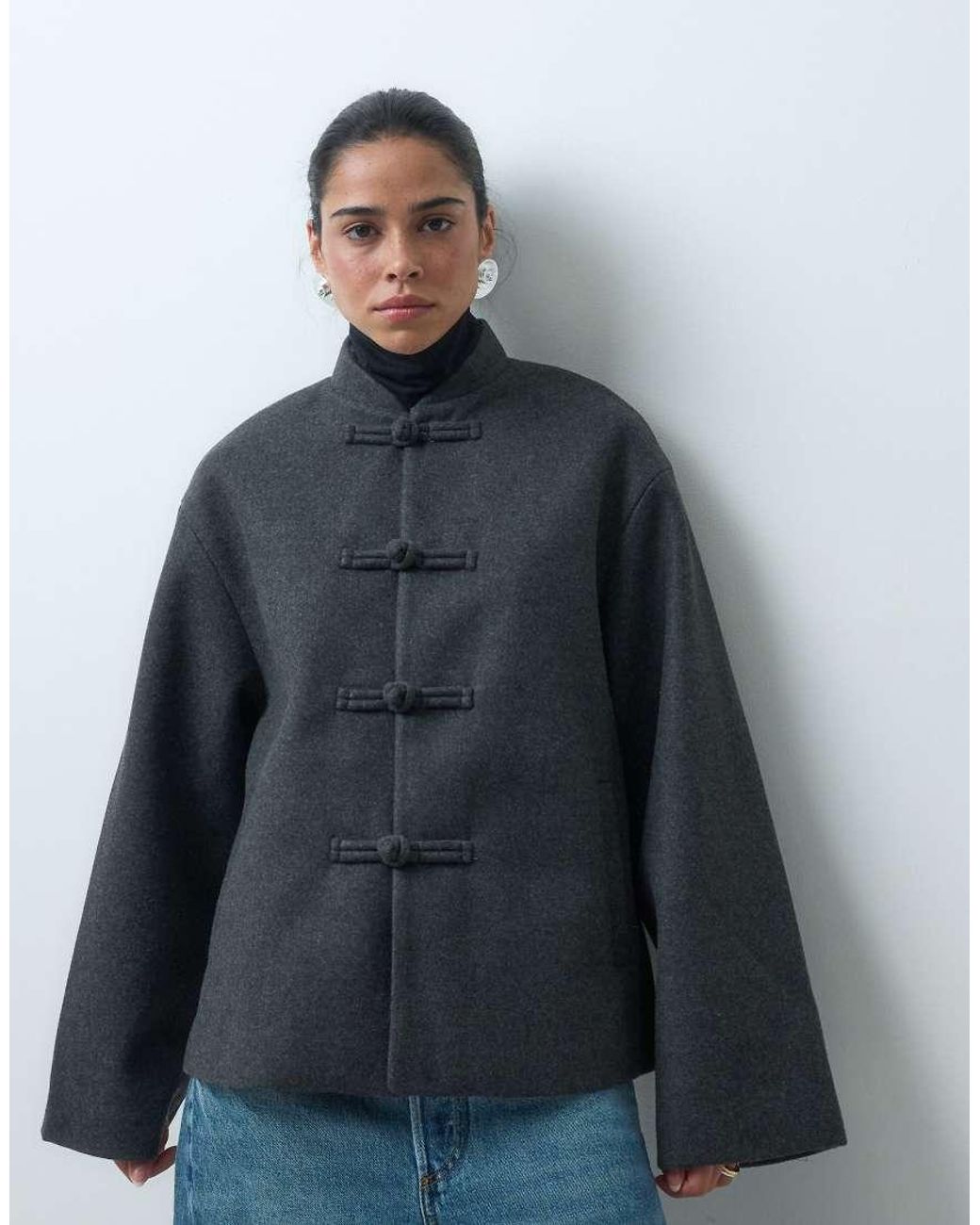 ASOS Blue Collarless Formal Jacket With Frog Closure Trims