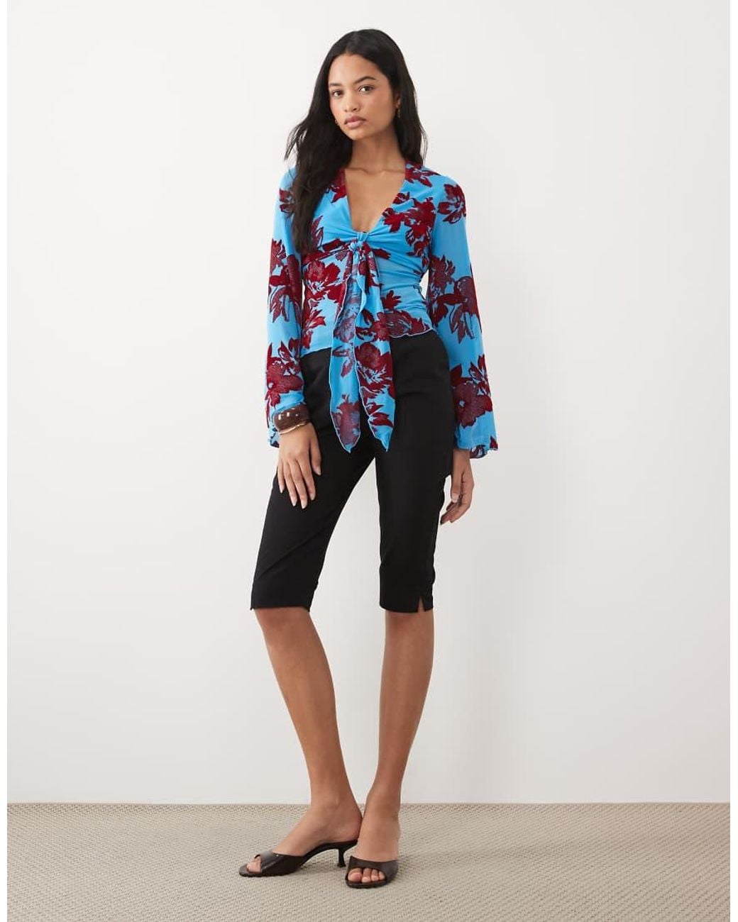 ASOS Blue Tie Neck Flocked Drape Sleeve Blouse