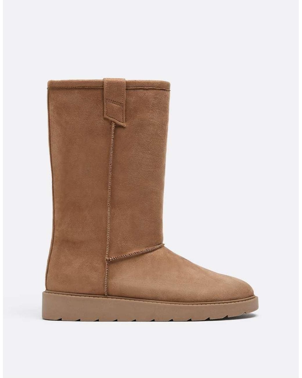 Stradivarius Brown Leather Effect Boots With Faux Fur Lining