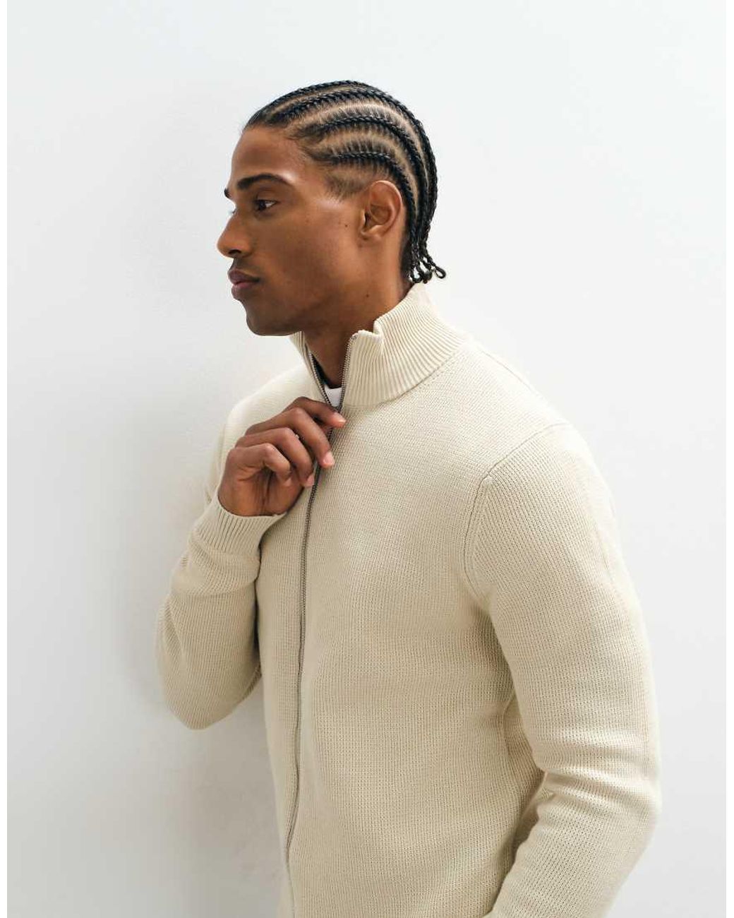 SELECTED Natural Double Zip Ribbed Knit Jumper for men