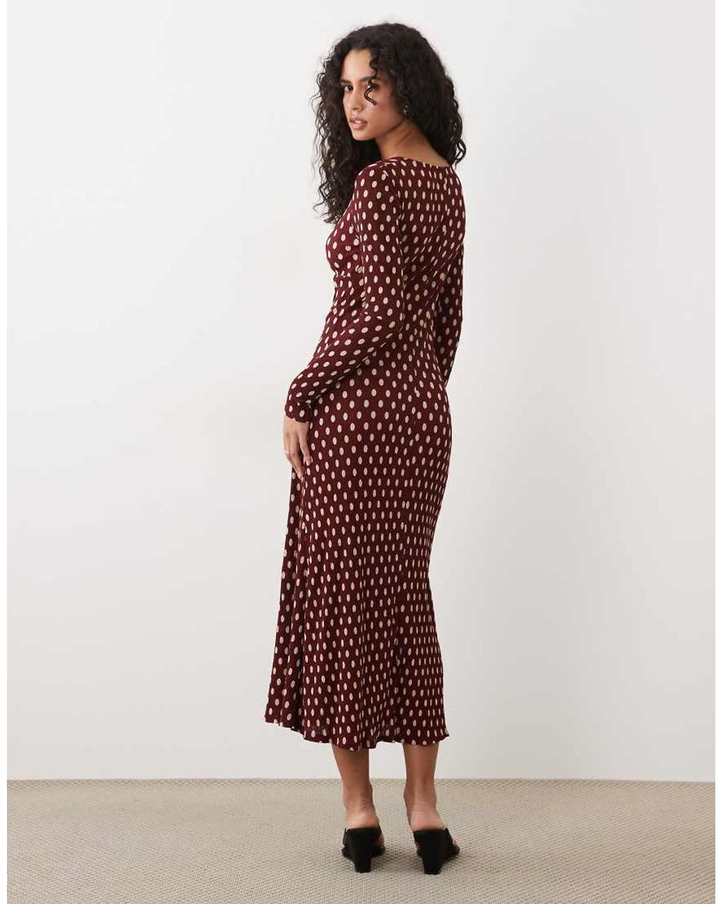 Mango Red Plisse V Neck Long Sleeve Midi Dress