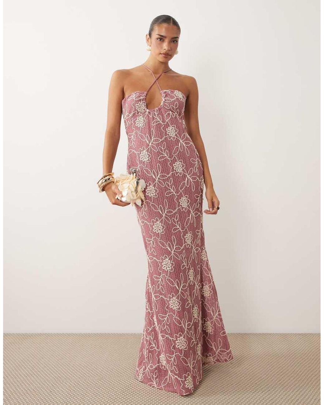 ASOS Pink Embroidered Crochet Maxi Dress With U Scoop