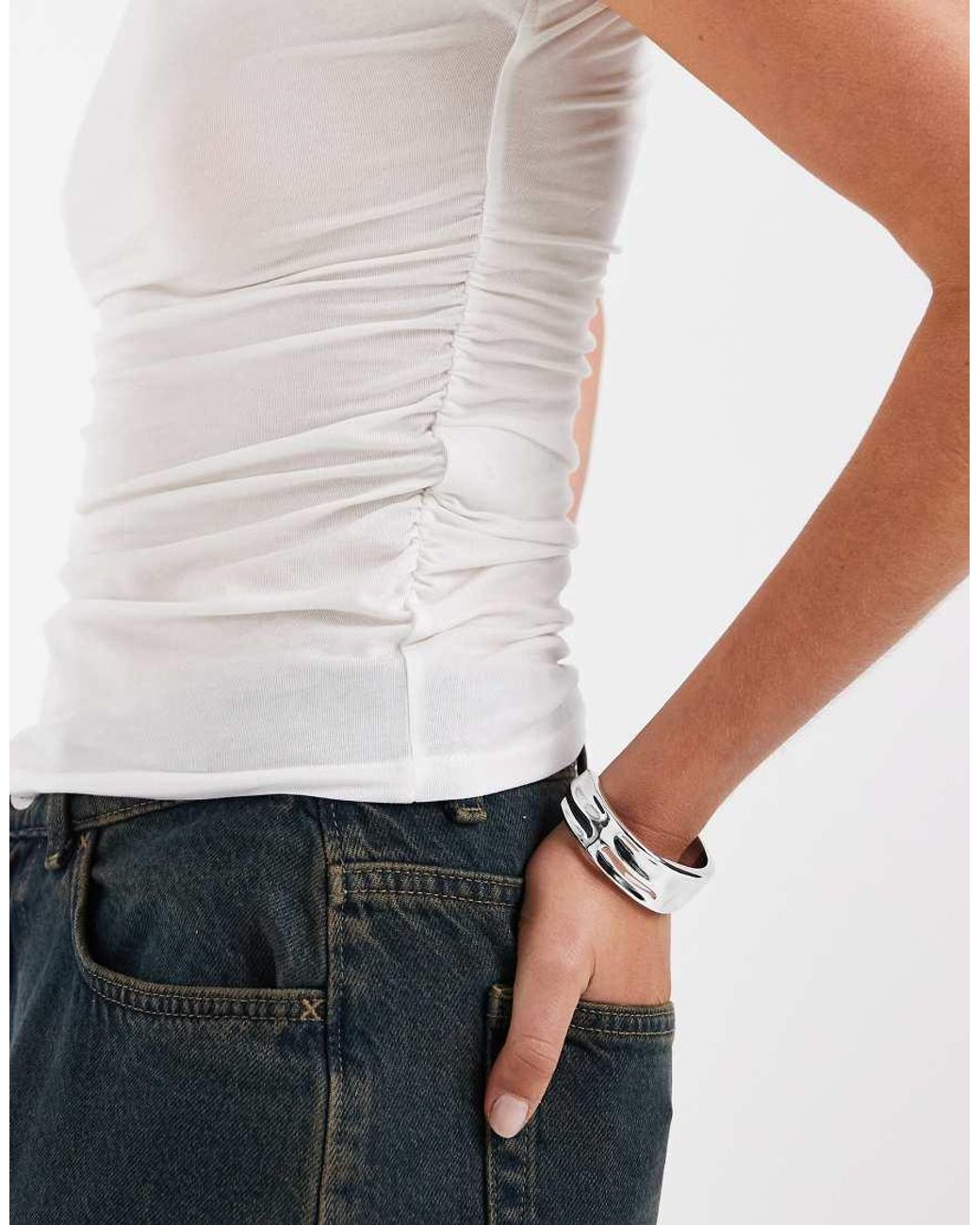 Vero Moda White Ruched Side Short Sleeve T-shirt