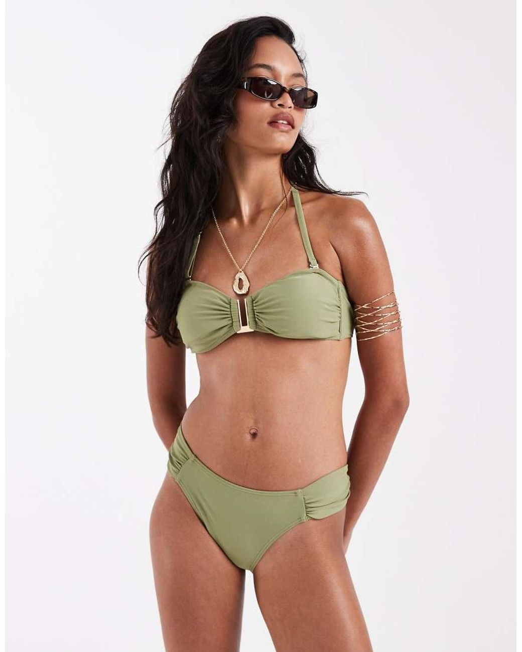 New Look Green Gold Trim Bandeau Bikini Top