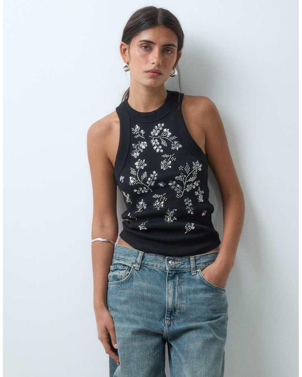 Miss Selfridge Black Festival Embellished Racer Vest Top
