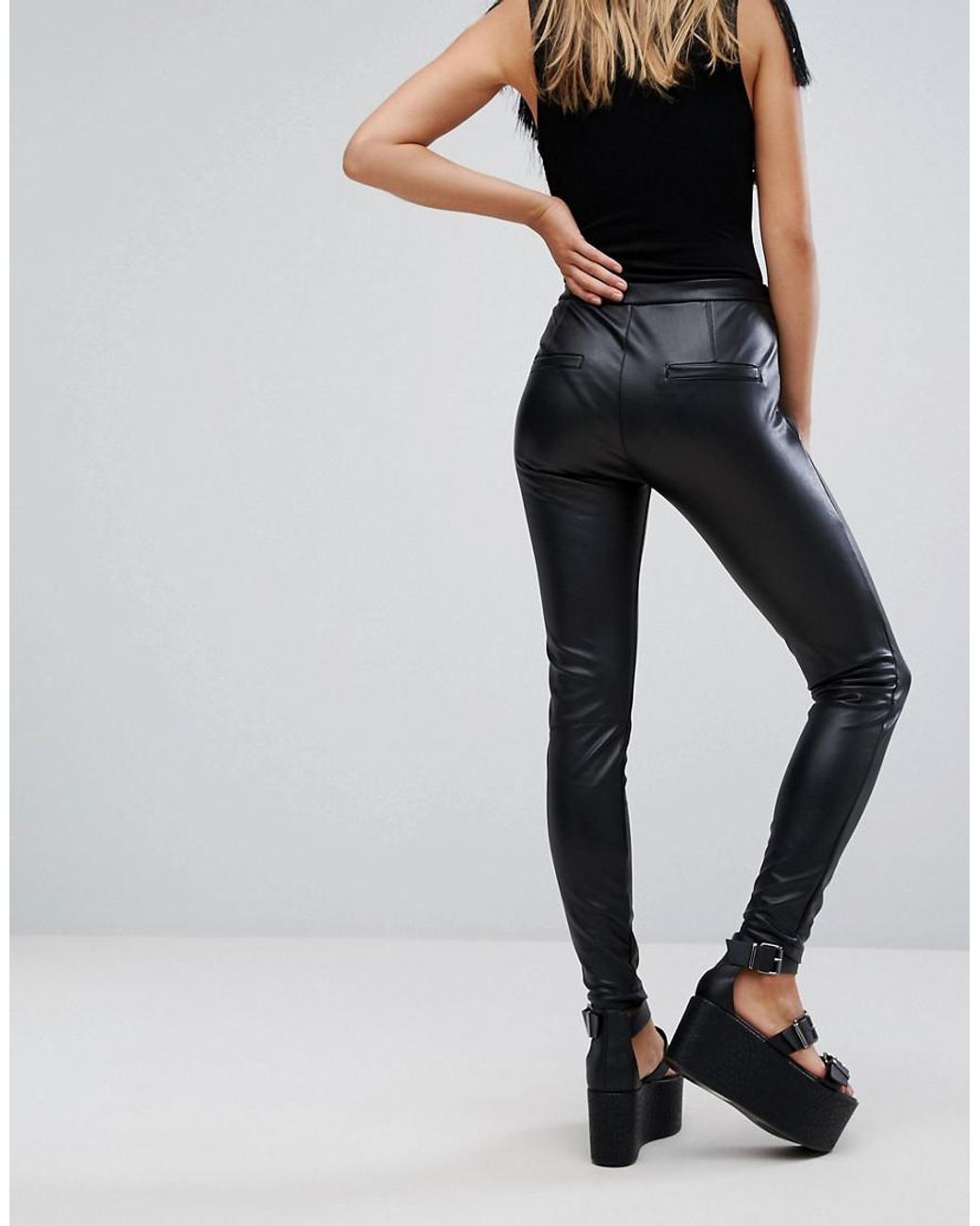 Bershka Leather Look Skinny Trouser in Black | Lyst