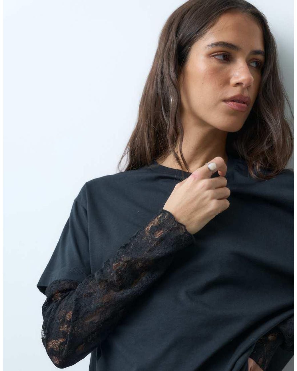 Miss Selfridge Blue Oversized Tshirt With Lace Sleeve