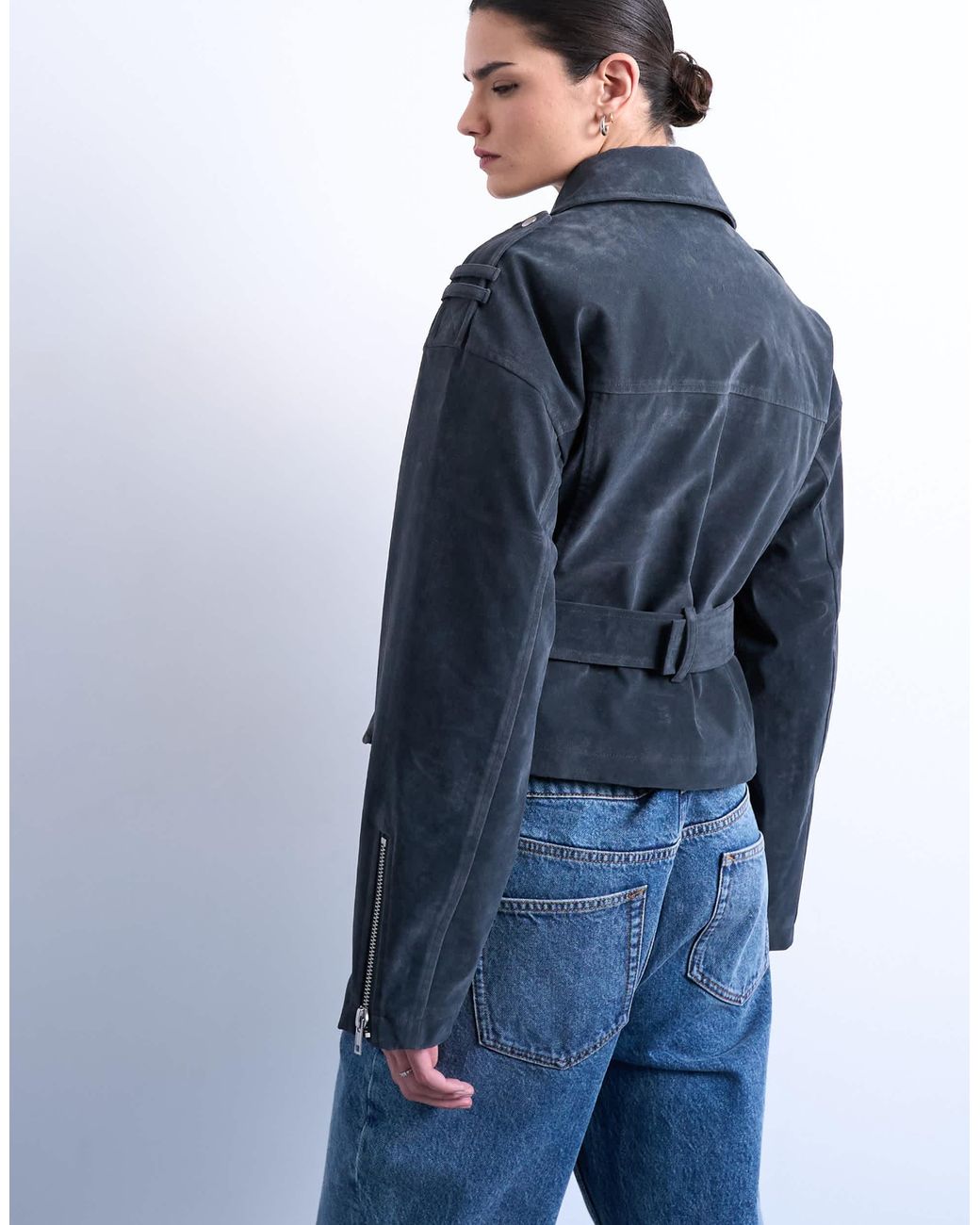TOPSHOP Blue – bikerjacke aus wildlederimitat