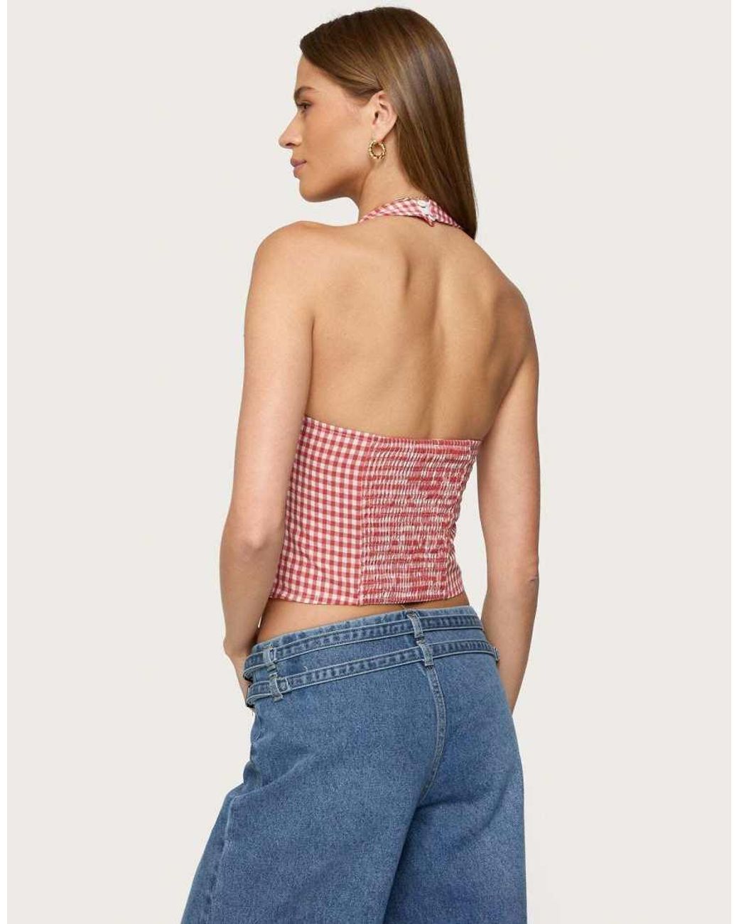 Edikted Blue Evan Gingham Button Up Halter Top