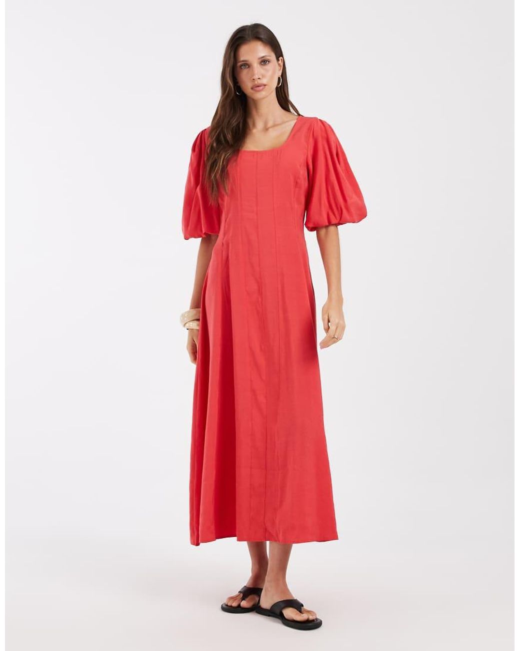 Vero Moda Red Pleated Seam Detail Puff Sleeve Midi Dress