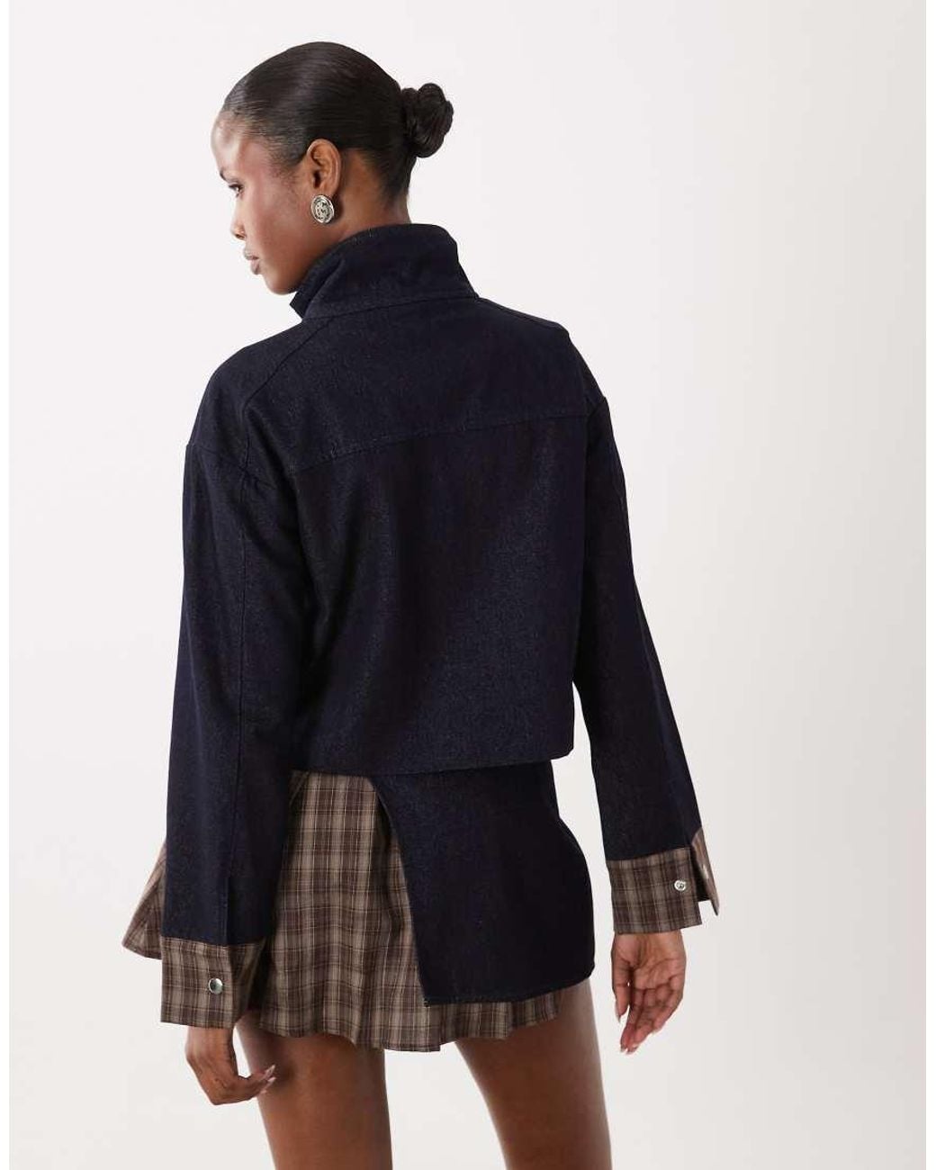 The Frolic Blue Exclusive Denim Funnel Neck Check Contrast Sleeve Jacket Co-Ord