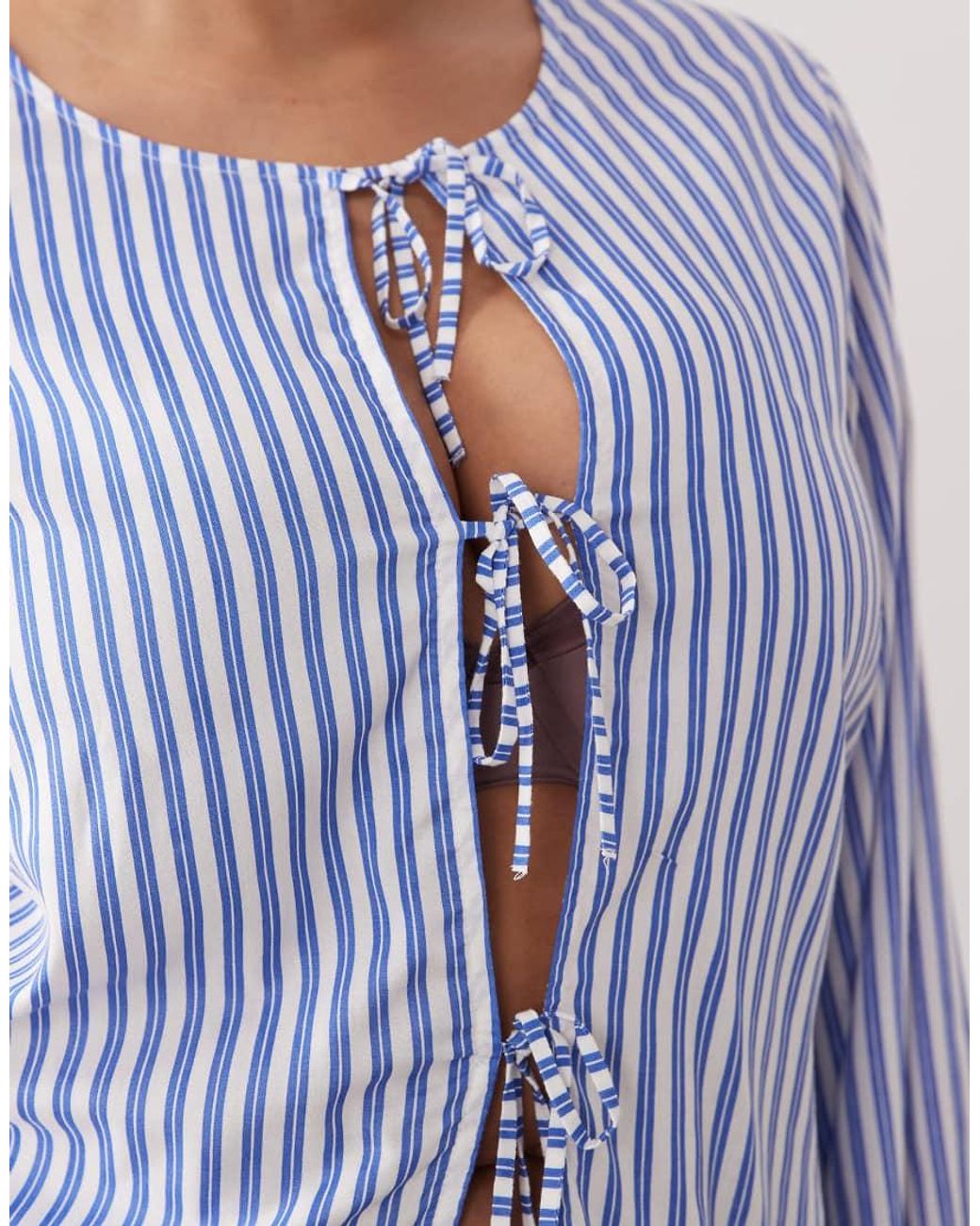 Esmee Curve Blue Tie Front Long Sleeve Beach Top