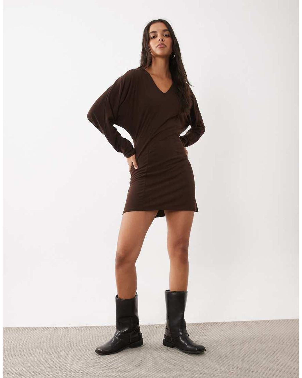 ASOS Brown Batwing Sleeve V-Neck Mini Dress