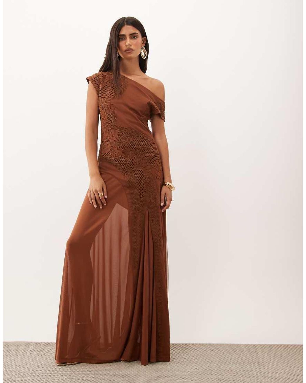 ASOS Brown Embroidered Mesh Off Shoulder Maxi Dress With Sheer Godet Detailing