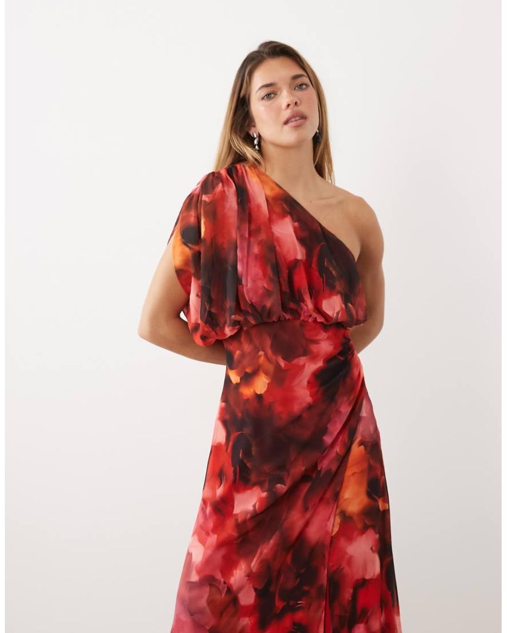 TFNC London Red Chiffon One Shoulder Draped Maxi Dress