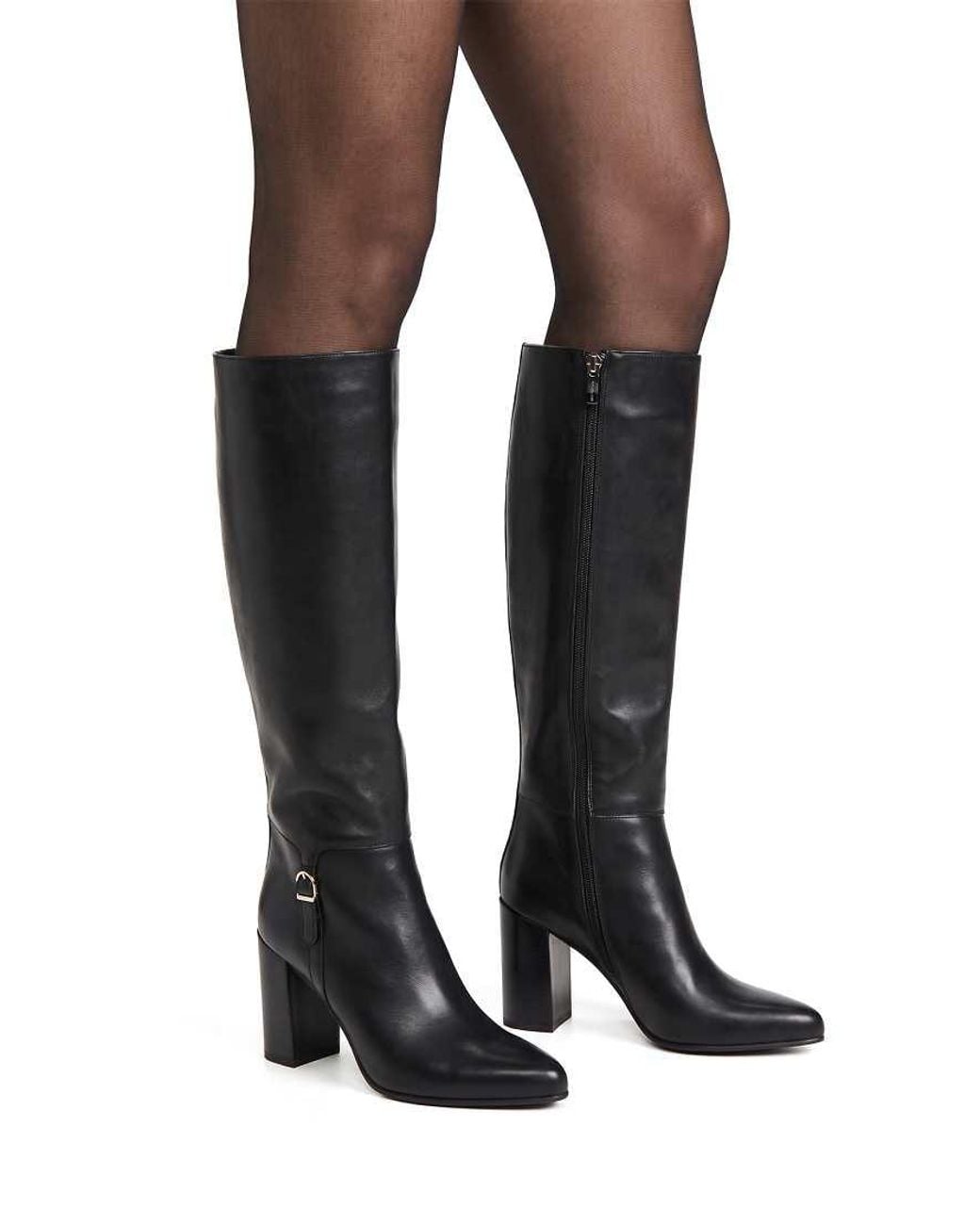 SEQWL Black Block Heel Knee High Boots With Pointed Toe And Buckle