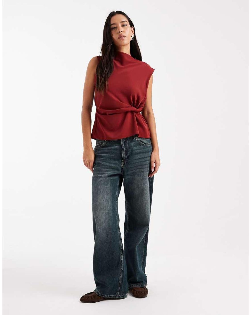 ASOS Red Cowl Neck Sleeveless Top With Twist Waist Detail