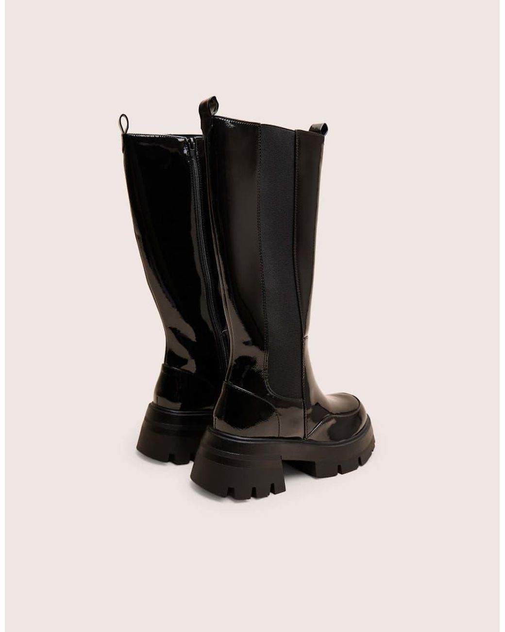 Public Desire Black Bryant Patent Chunky Sole Elasticated Knee High Boots