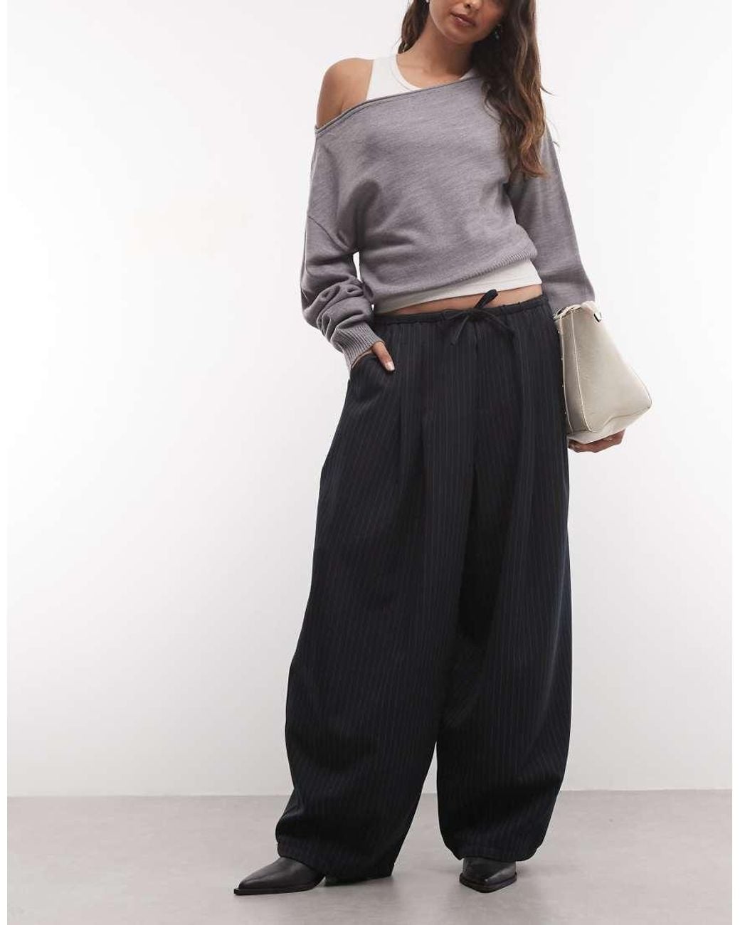 Collusion Gray Balloon Leg Pant With Tie Waist-navy