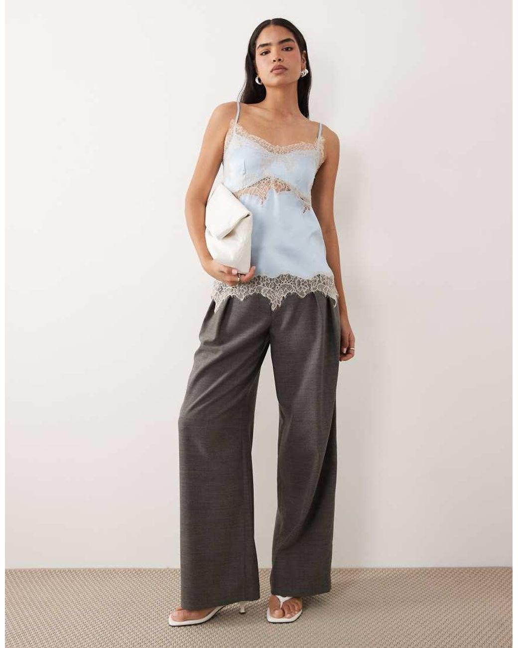 ASOS Natural Satin Lace Trim Long Line Cami Top