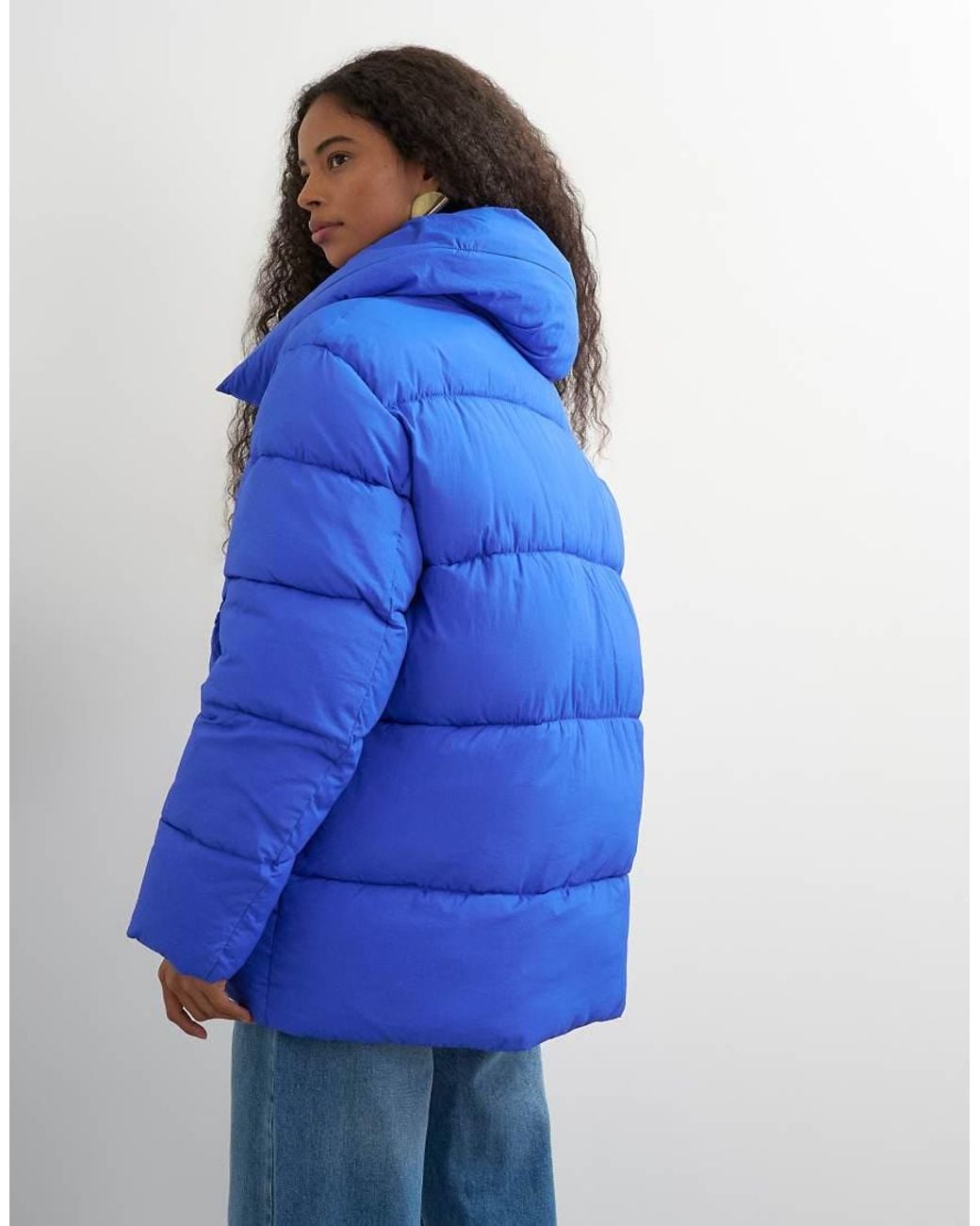 TOPSHOP Blue Funnel Neck Mid Length Puffer Jacket