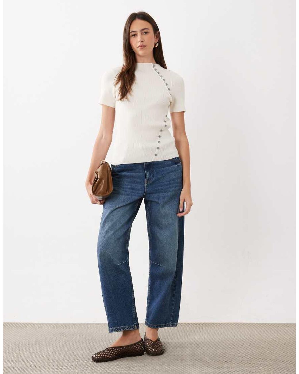 ASOS White Knit Rib Button Detail Short Sleeve Top