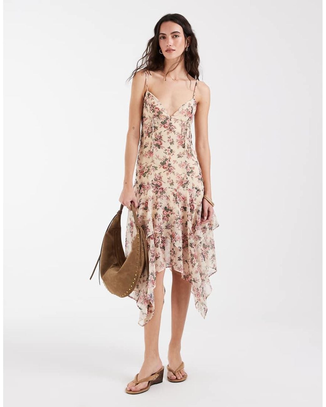Muse Assembly Pink Crinkle Chiffon V-neck Asymmetric Hem Midaxi Dress