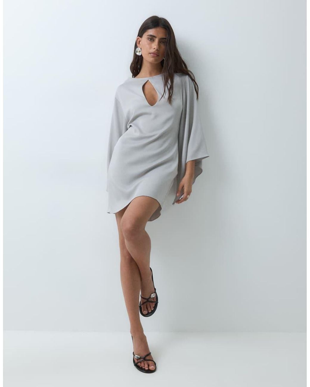 Gina Tricot Gray Long Sleeve Satin Key Hole Mini Dress