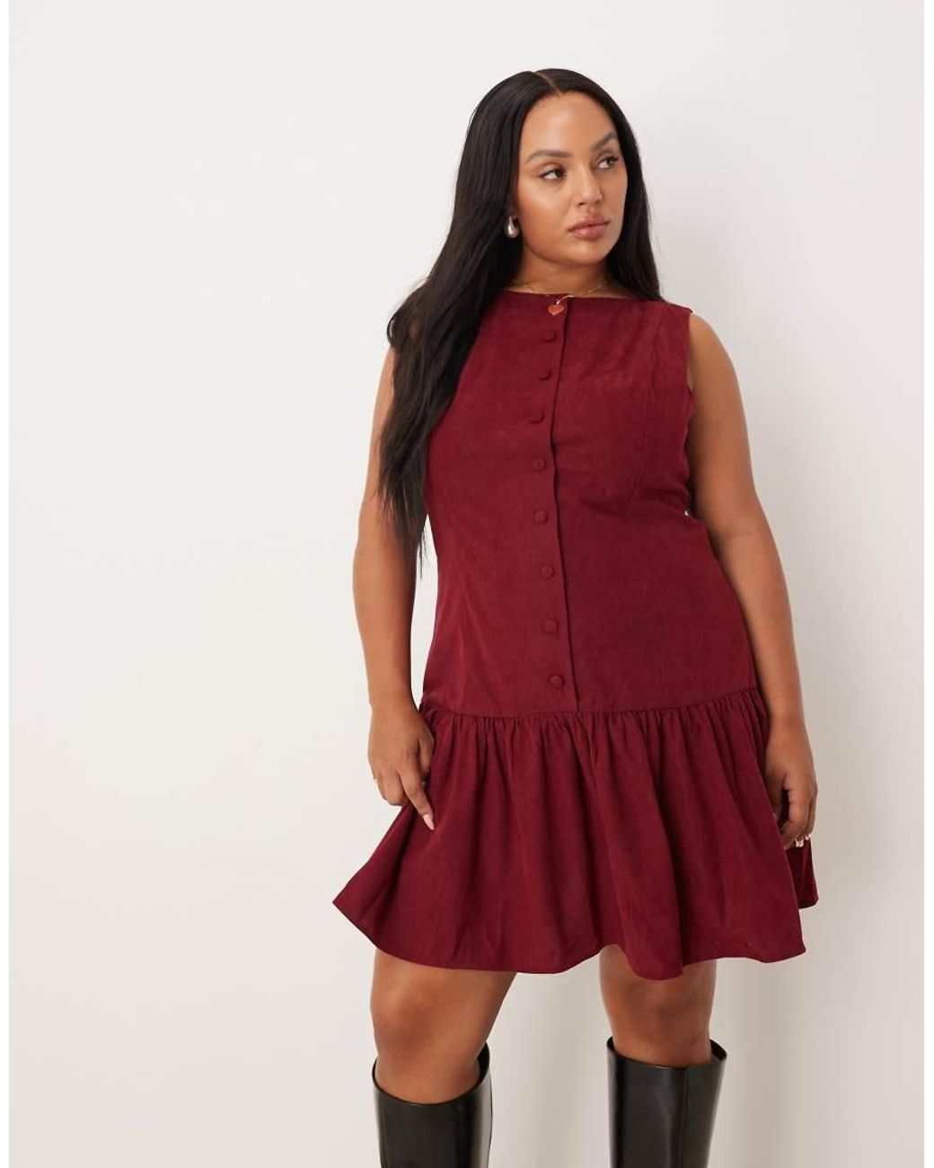 ASOS Red Asos Design Curve Cord Slash Neck Button Down Dropped Waist Mini Dress