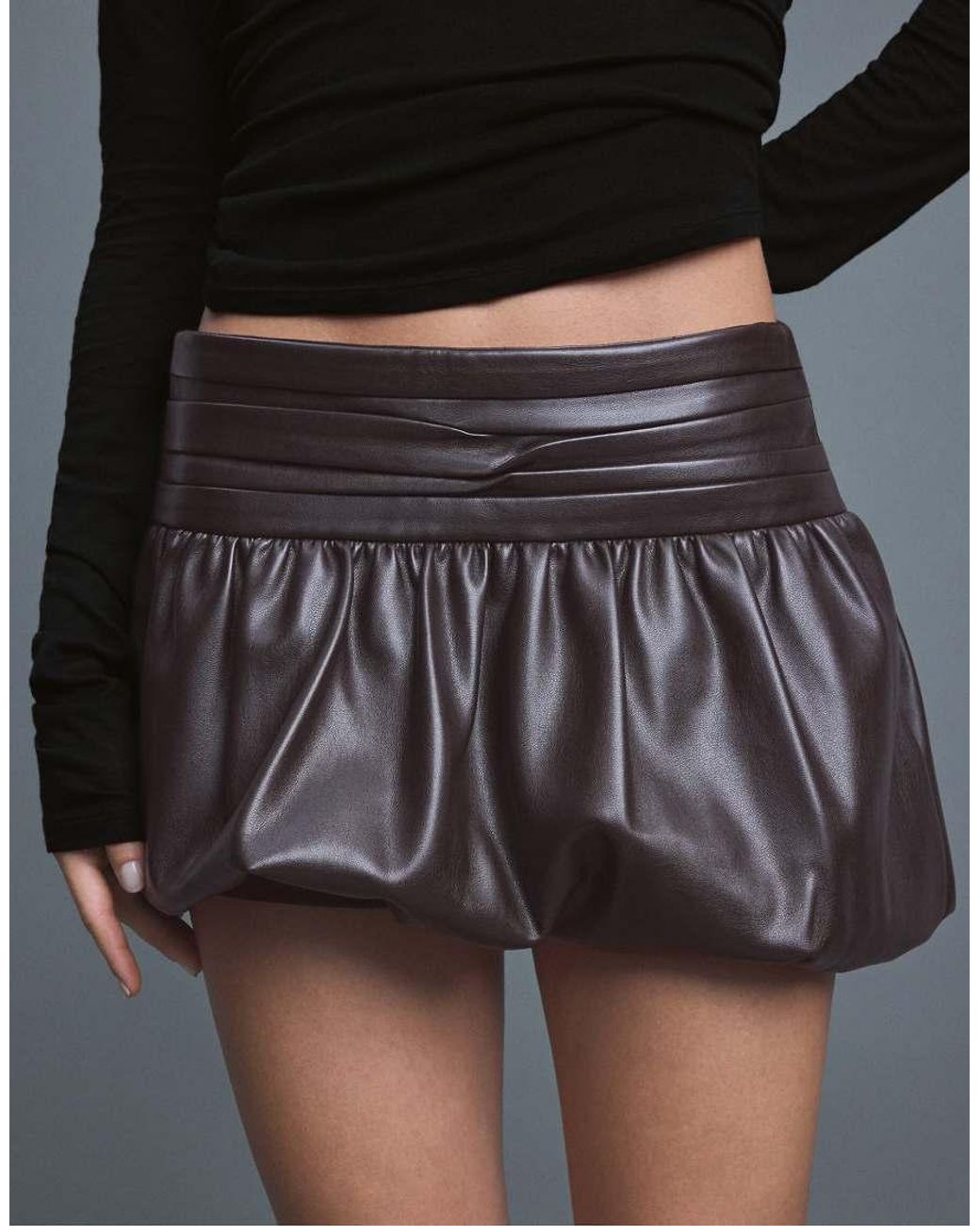 Stradivarius Gray Leather Effect Balloon Mini Skirt