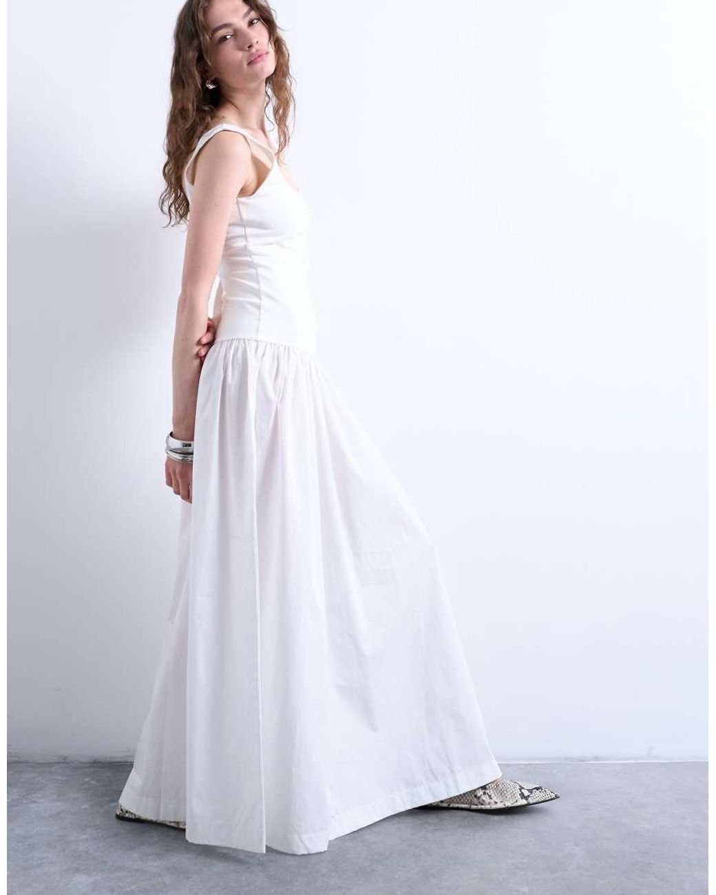 TOPSHOP White Poplin Mix Scoop Neck Maxi Dress