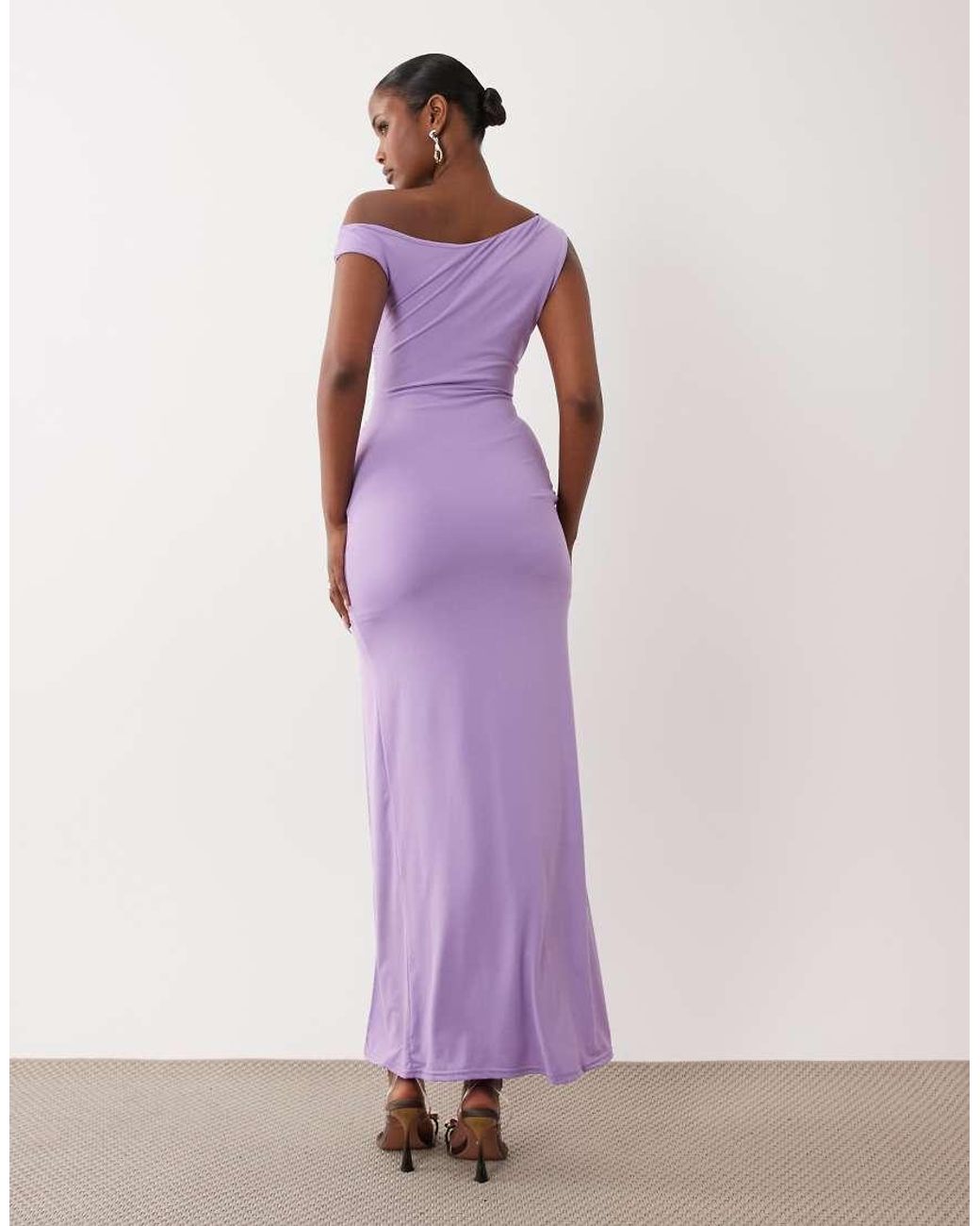 TFNC London Purple Slinky Fallen Shoulder Thigh Split Midaxi Dress