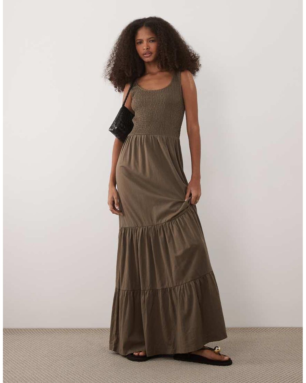 Brave Soul Brown Scoop Neck Shirred Bodice Maxi Dress With Tiered Skirt