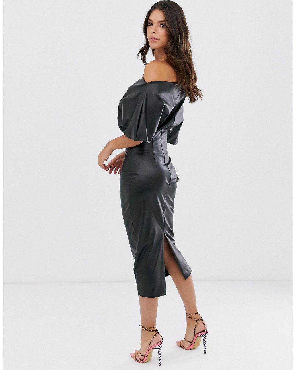 asos design pu drape shoulder midi pencil dress